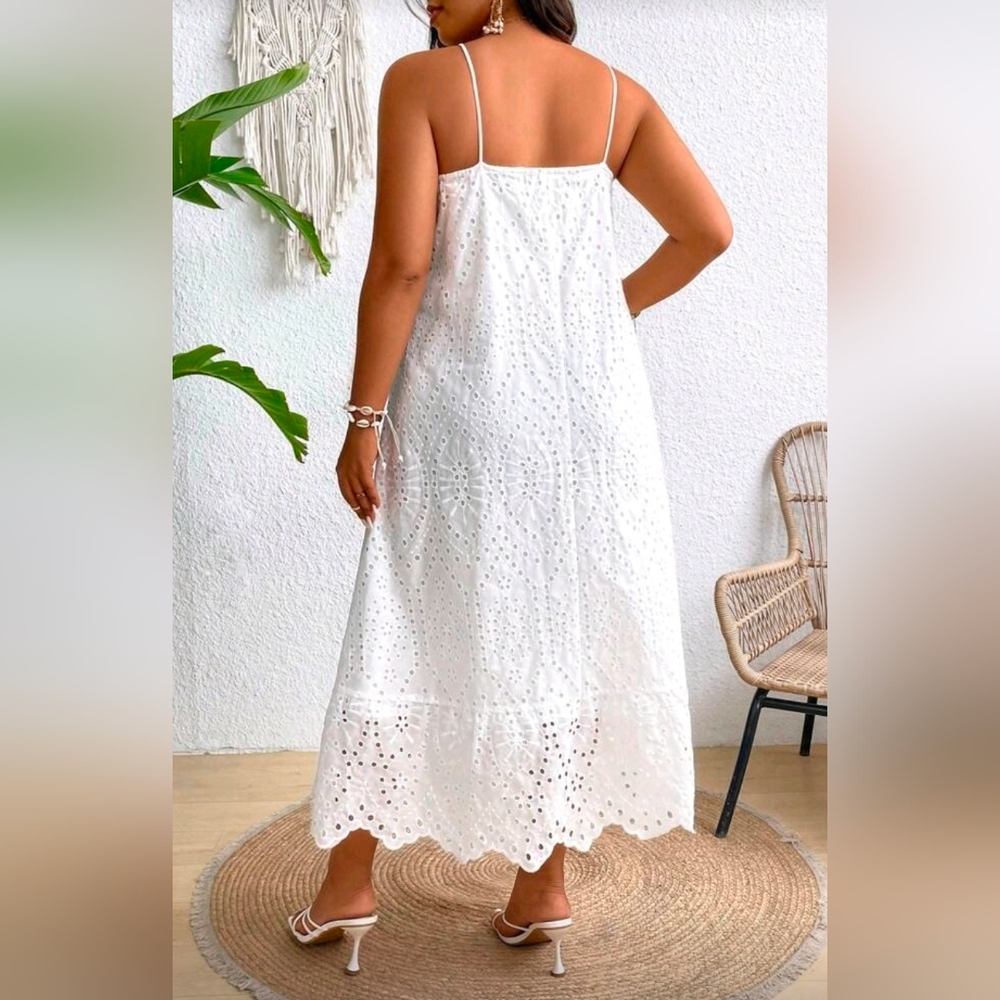 New Flowy Embroidered Eyelet Lace Cami Midi Dress PLUS White - Picture 4 of 8